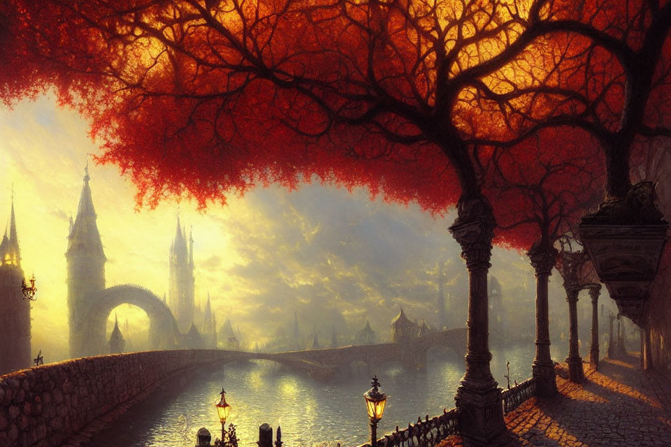 Fantastical sunset cityscape with cobblestone pathways, glowing streetlamps, bridge, and