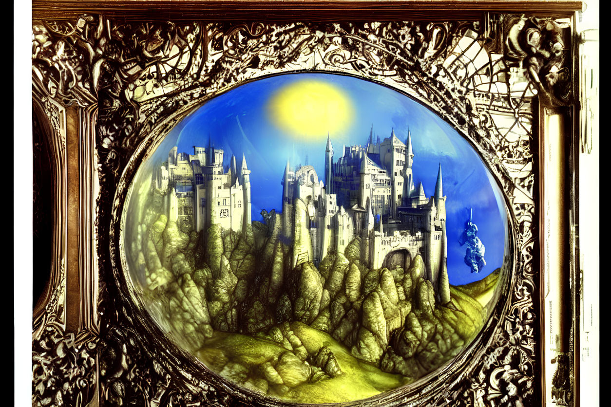 Fantasy castle painting in oval frame with lush greenery and figure