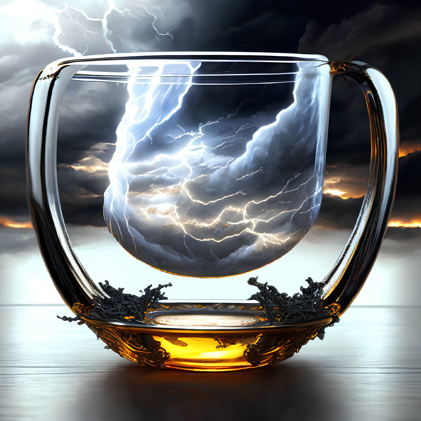 Glass cup with storm and lightning design on wooden surface with golden details
