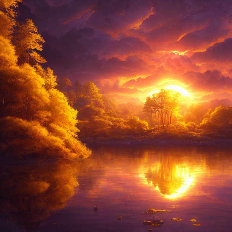 Tranquil forest and lake under radiant sunset sky