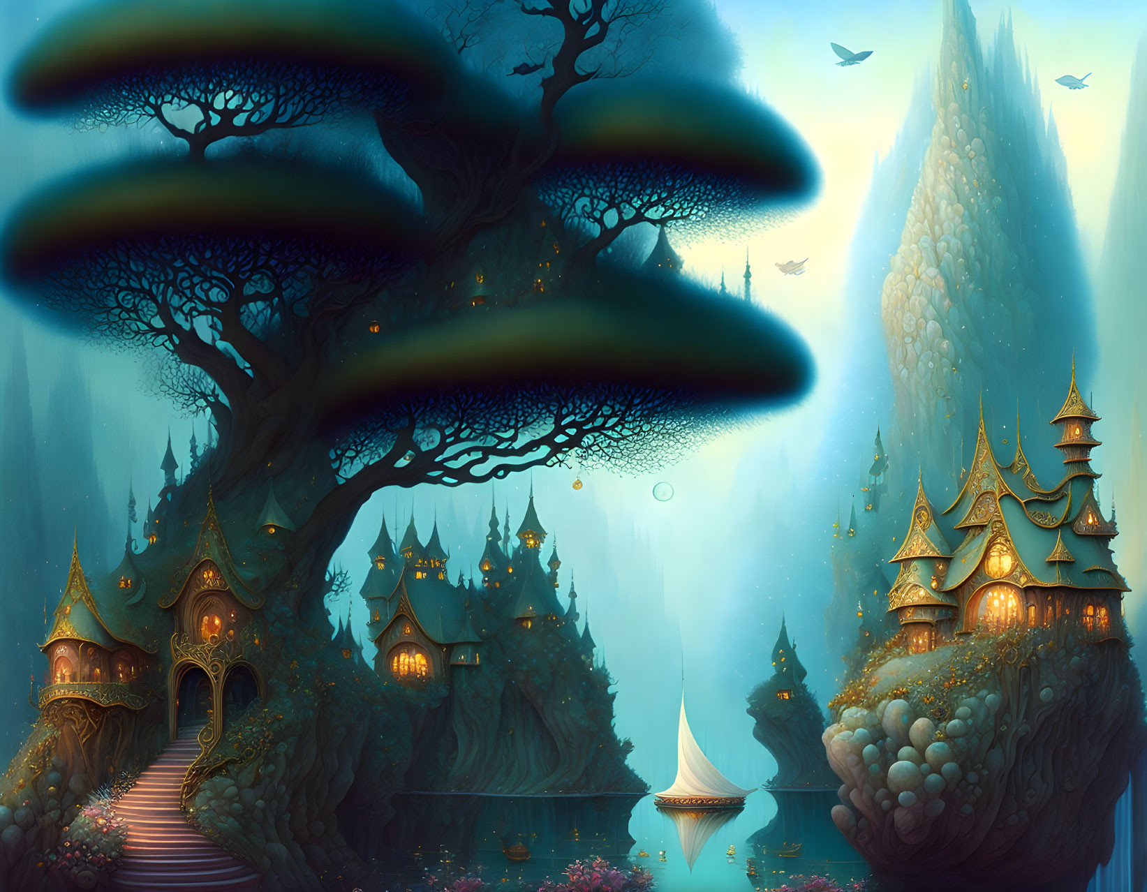 Fantasy landscape with oversized mushrooms, ethereal trees, castles, glowing flora, birds, and
