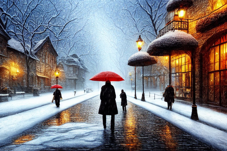 Snowy street scene with people walking under glowing street lamps and old buildings with snow-covered roofs.