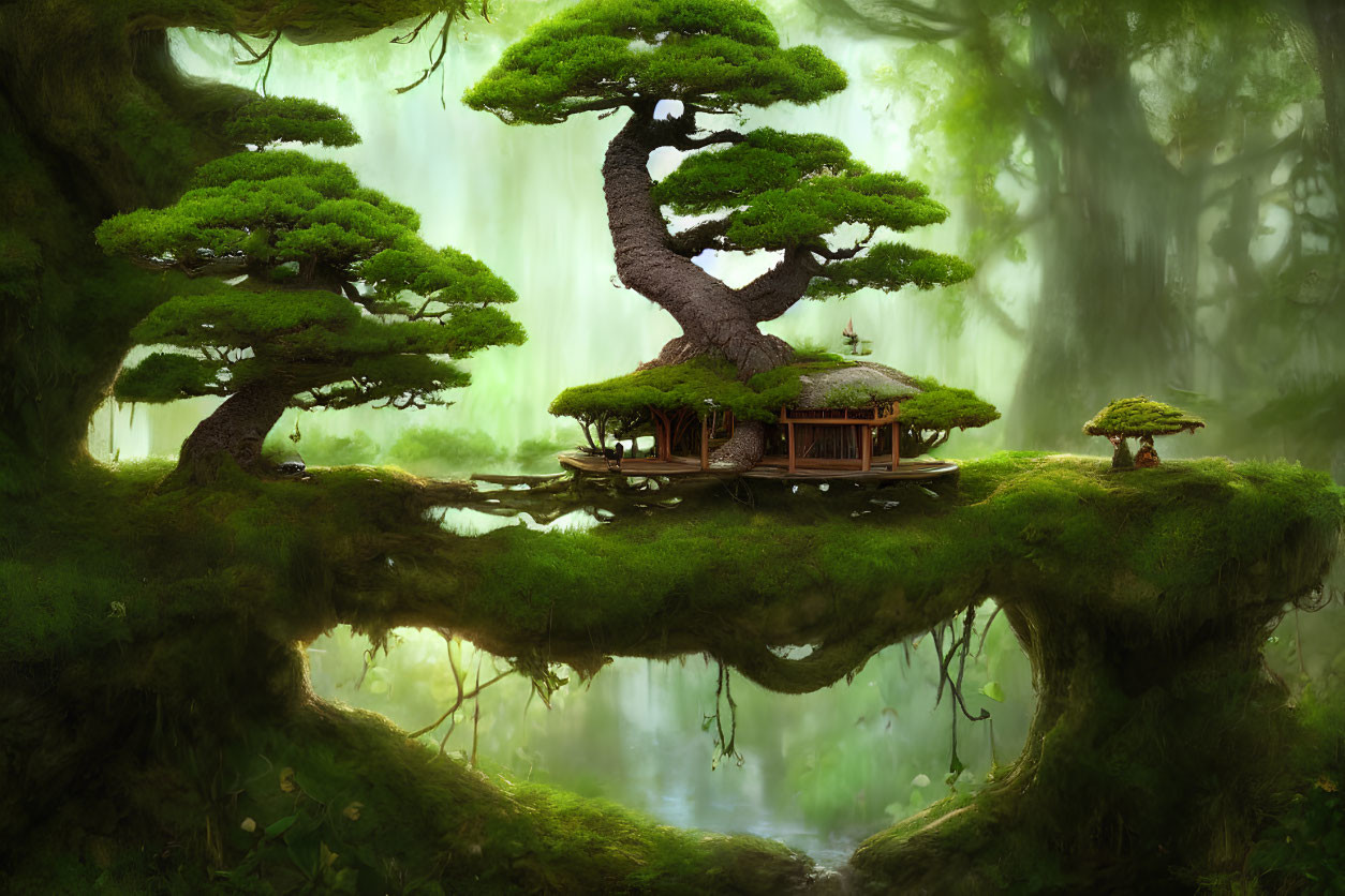 Tranquil fantasy scene: wooden house under bonsai tree above pond