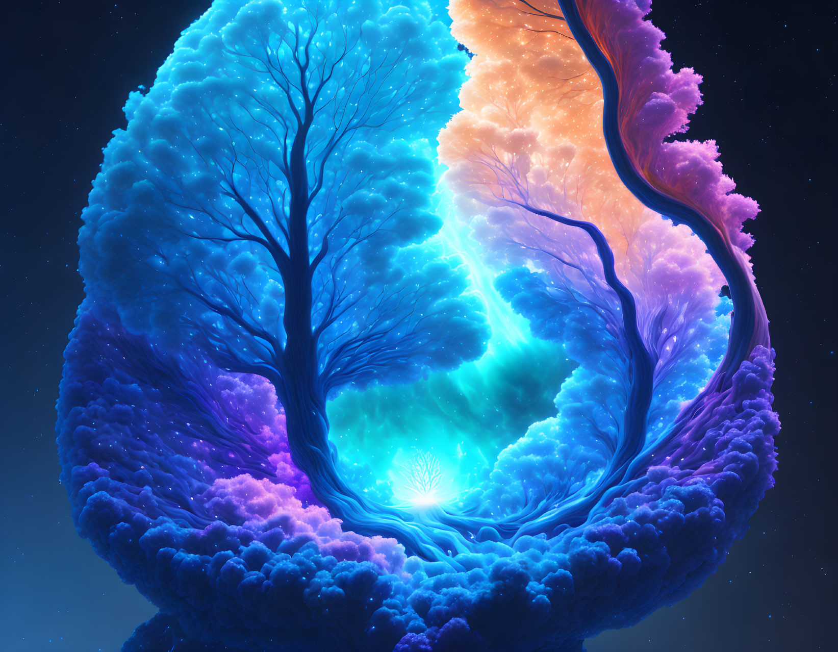Colorful digital artwork of neon trees around star-filled center