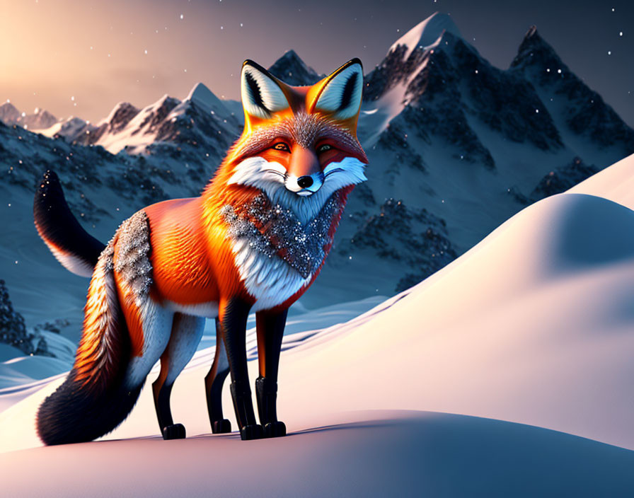 Colorful Stylized Fox in Snowy Landscape at Twilight