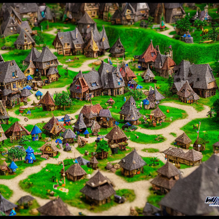 Detailed Miniature Medieval Fantasy Village with Tiny Houses and Figurines