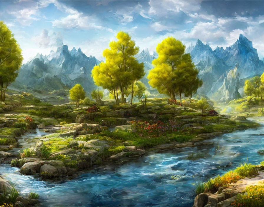 Tranquil landscape: river, greenery, flowers, mountains
