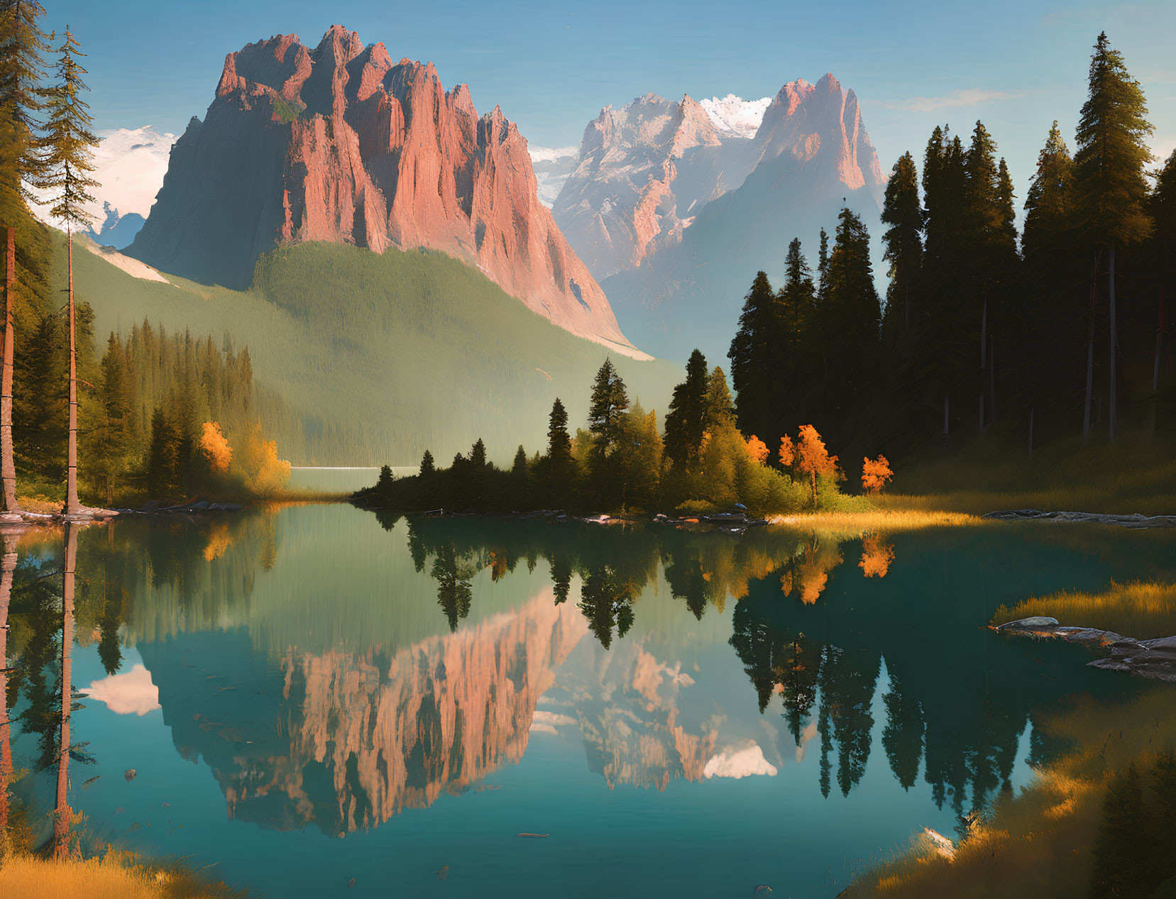 Tranquil Lake Reflecting Forest and Mountain at Sunset