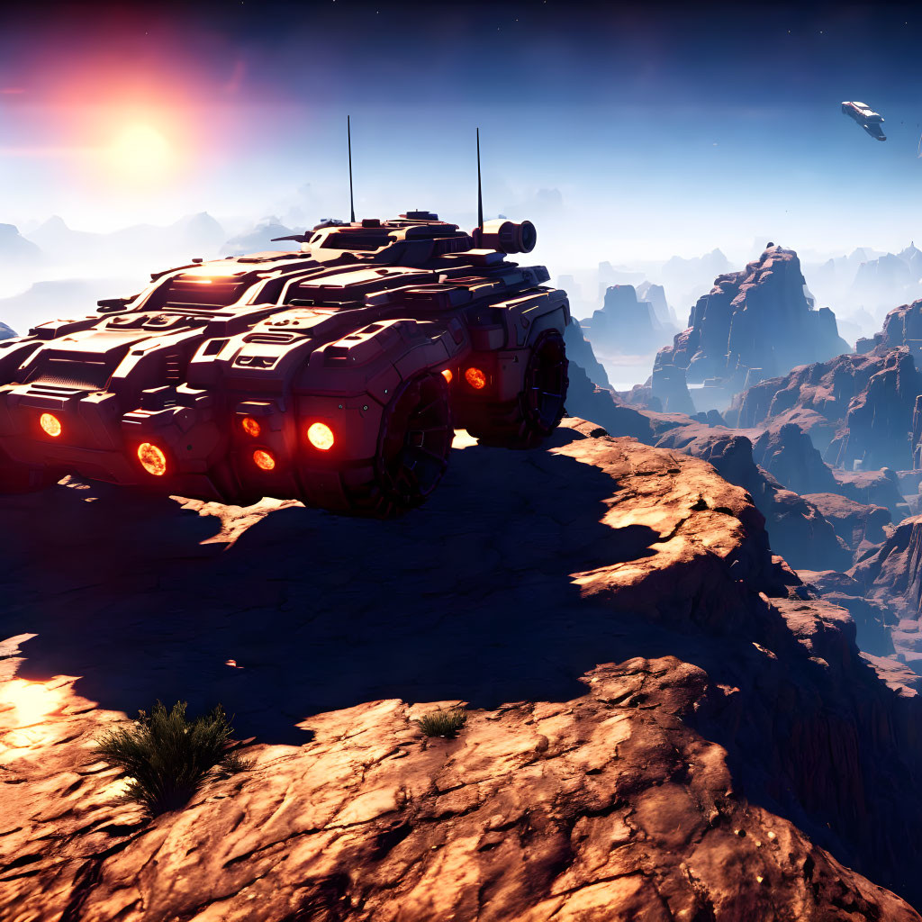 Armored vehicle on cliff with sunset, mountains, and spaceship in futuristic scene