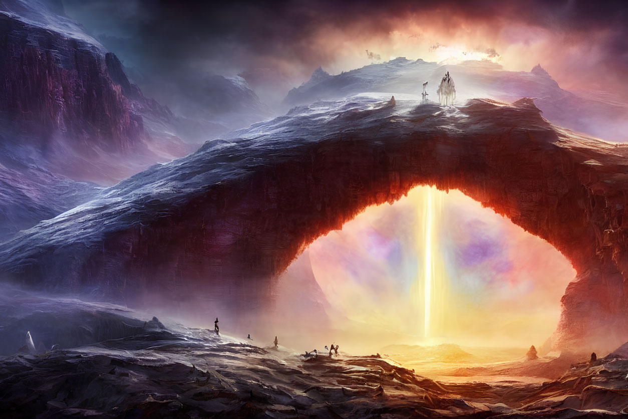 Fantastical landscape with adventurers on rocky arch and luminous portal