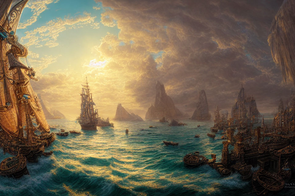 Ornate ships in vivid seascape under dramatic sunset sky