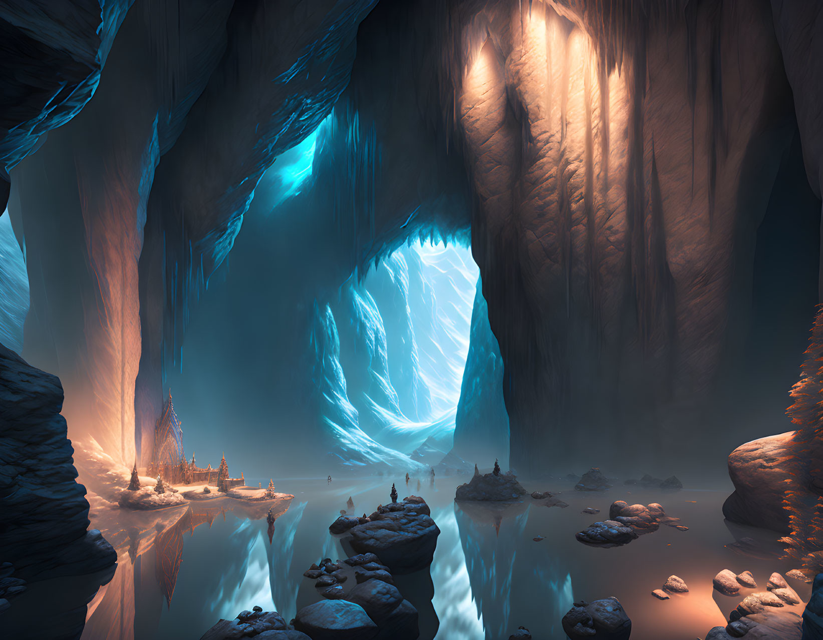 Ethereal underground cave with blue light, water bodies, rock formations