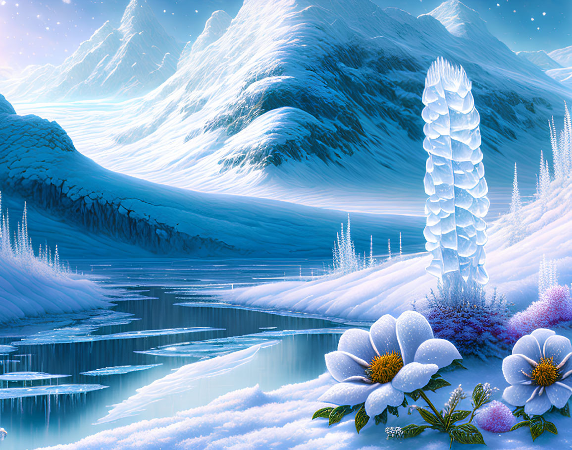 Serene fantasy winter landscape with icy mountains and glowing crystal structure