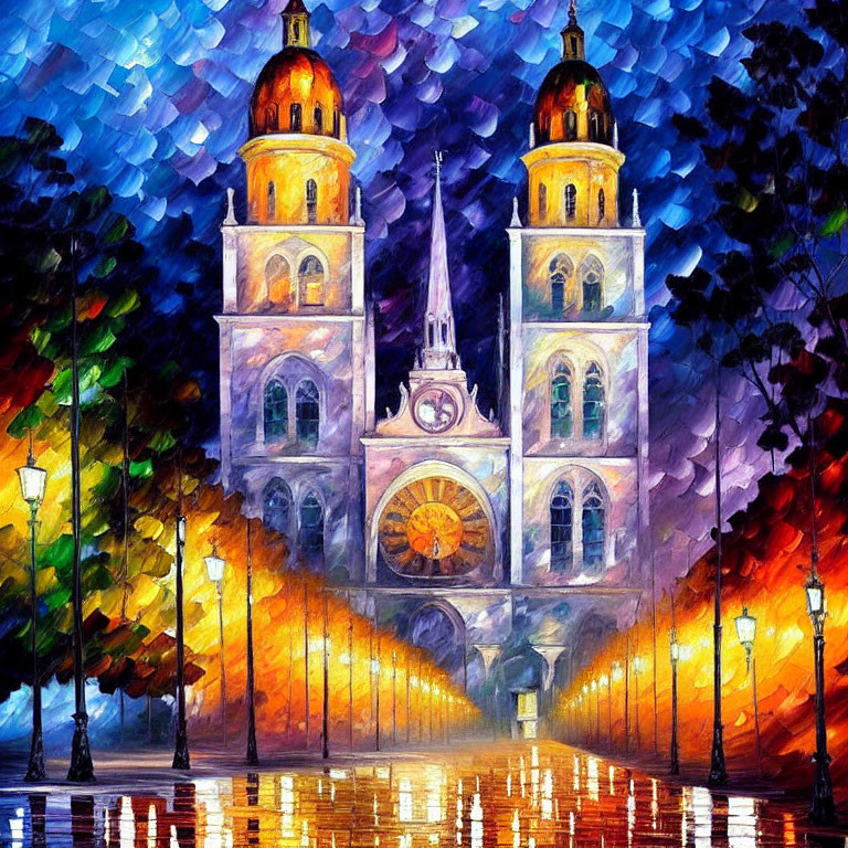 Impressionist-style painting of illuminated church at night