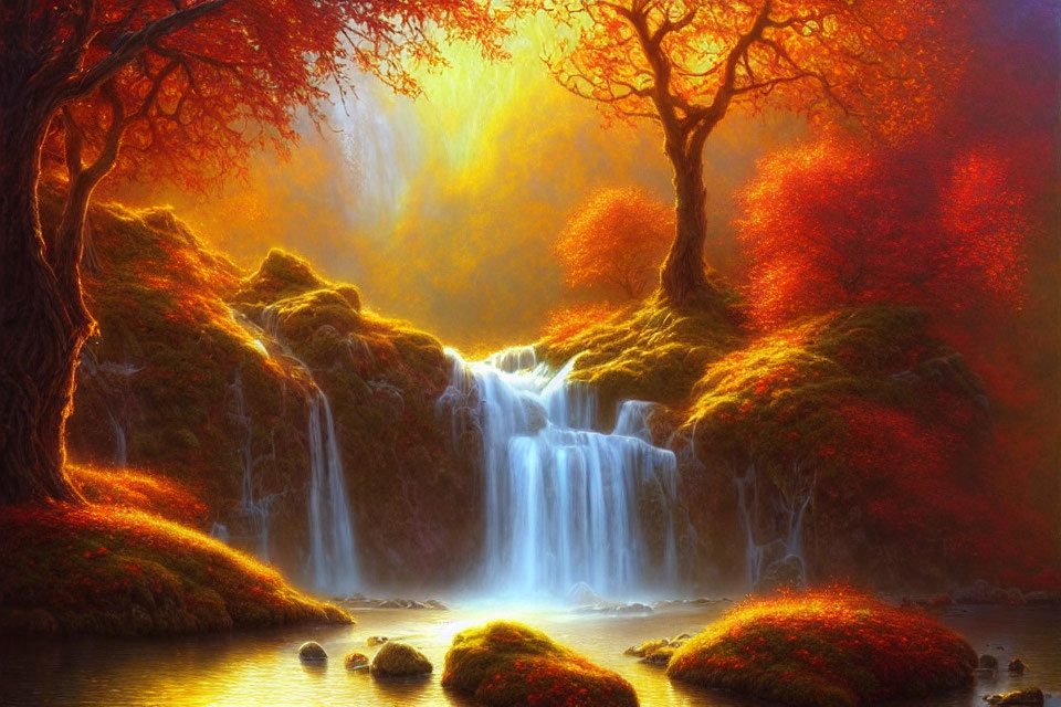 Tranquil waterfall in autumn forest with red foliage