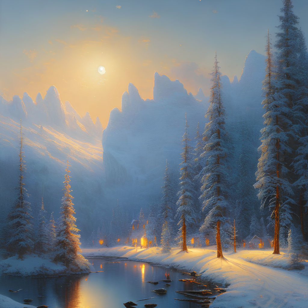 Snow-covered pine trees, river, lanterns, mountains - Tranquil Winter Scene