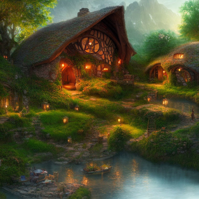 Fantasy cottage with round doors by serene pond at dusk