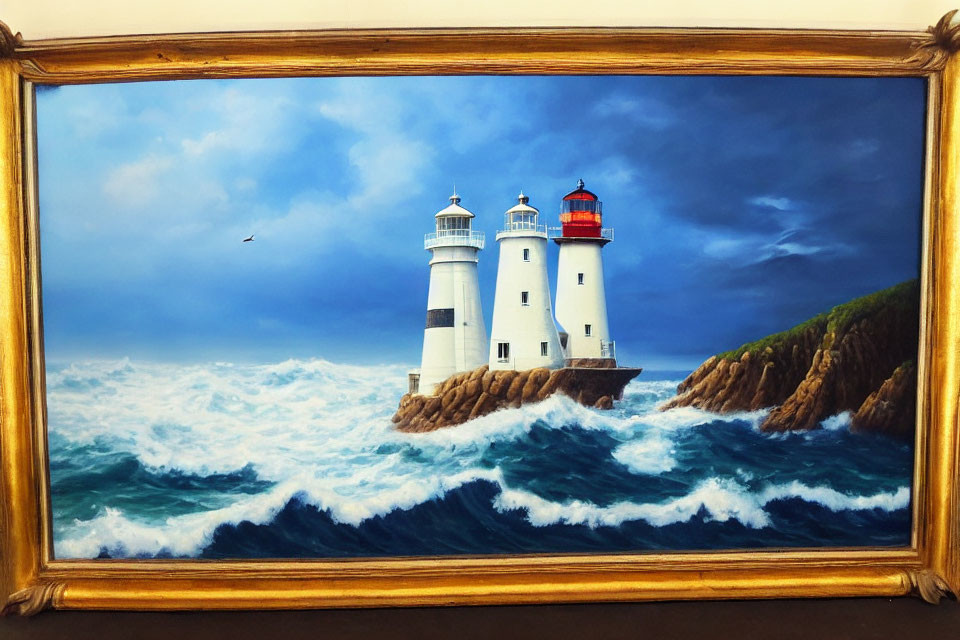 Lighthouse painting on rocky cliff with crashing waves and flying bird