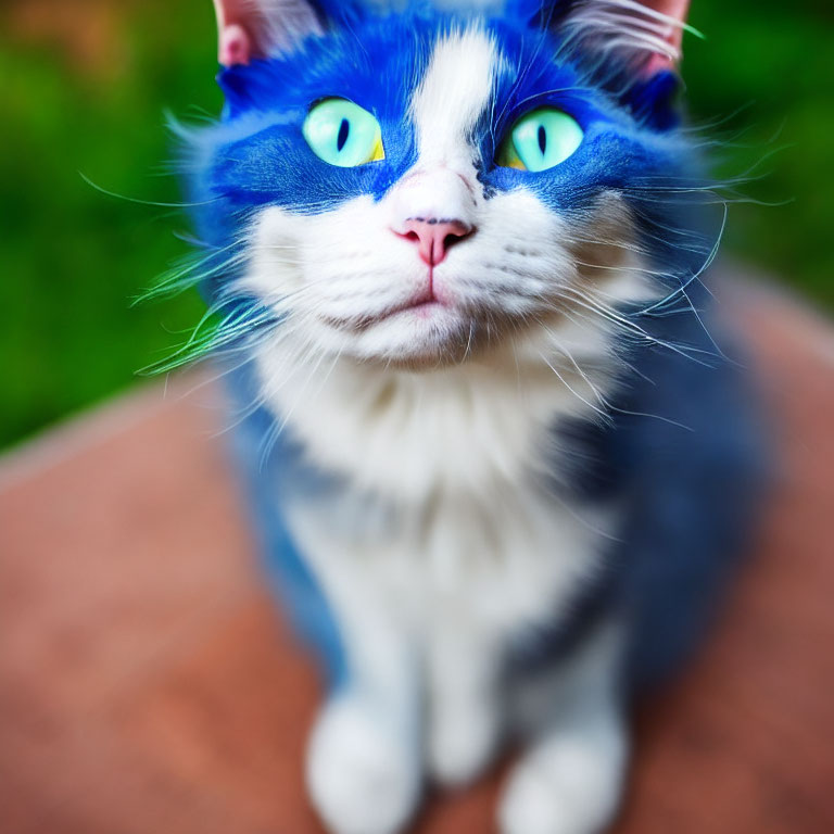 Blue-faced cat with green eyes and white chest in close-up portrait.
