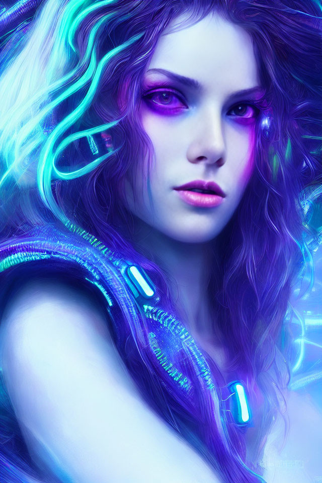 Vibrant digital art: Woman with purple eyes and blue hair in futuristic attire