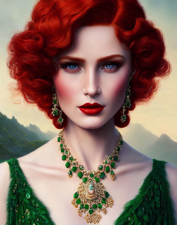 Stylized portrait of woman with red hair, blue eyes, red lipstick, green and gold jewelry