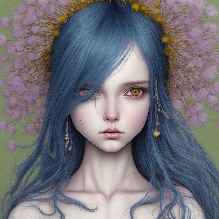 Digital artwork featuring girl with blue hair, yellow eyes, floral crown, green background