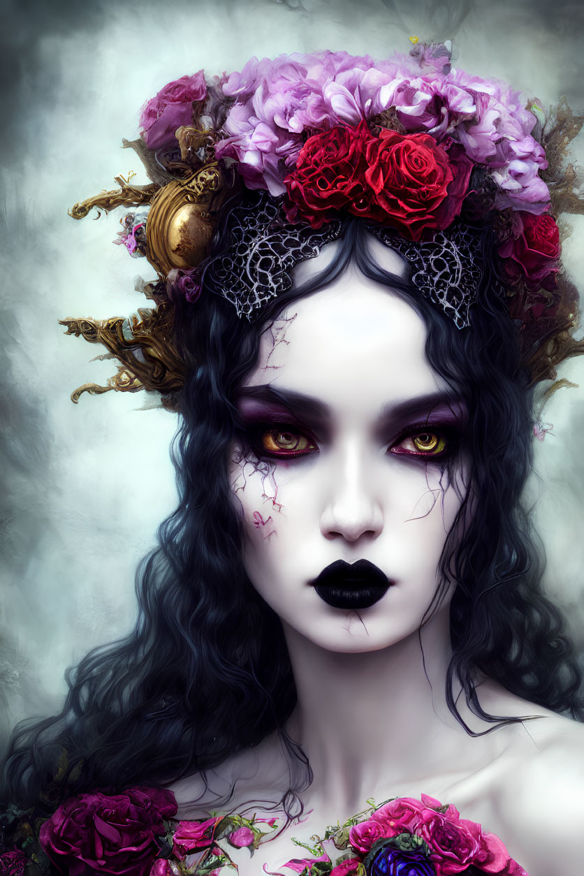 Gothic-themed portrait with pale skin, dark hair, floral headpiece, purple eyes, black