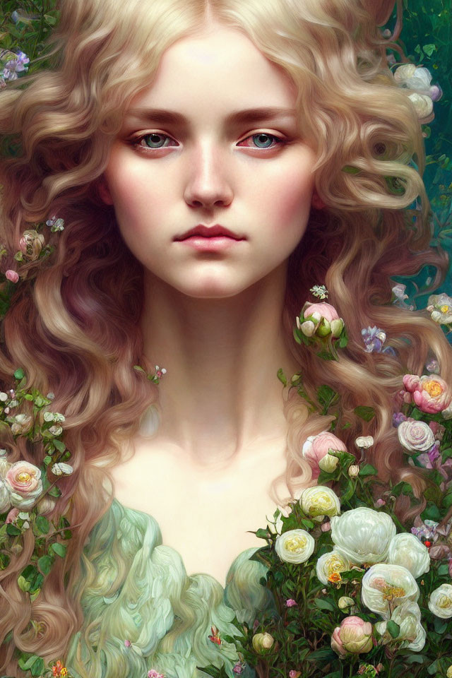 Portrait of Woman with Long Wavy Blonde Hair Surrounded by Lush Flowers
