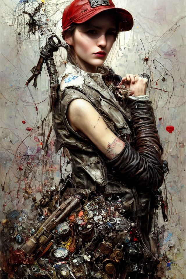Woman in leather jacket and red beret among chaotic backdrop with mechanical parts and abstract elements