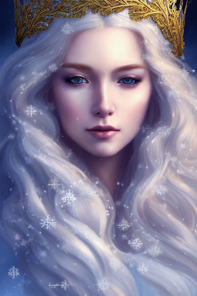 Illustration of woman with white hair, blue eyes, snowflakes, and golden crown on frost