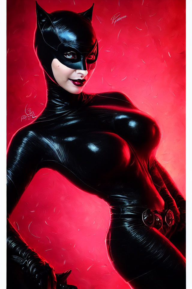 Shiny Catwoman Costume Pose on Red Background
