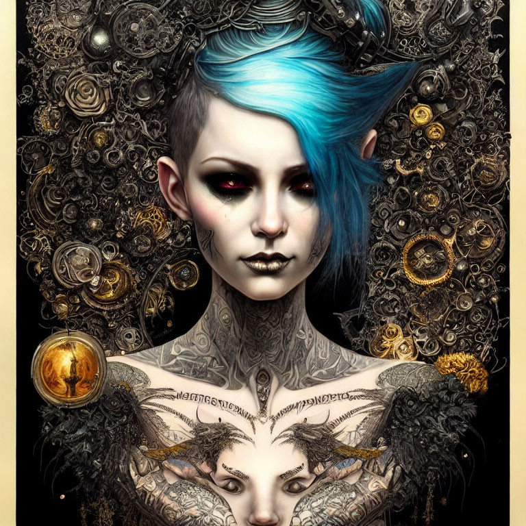 Illustrated person with blue hair and tattoos in a steampunk gothic fantasy setting.
