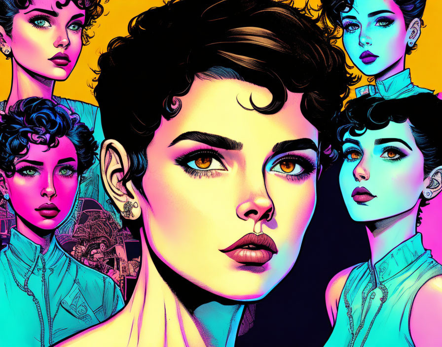 Colorful digital artwork: Five stylized female faces with unique hairstyles and neon lighting.