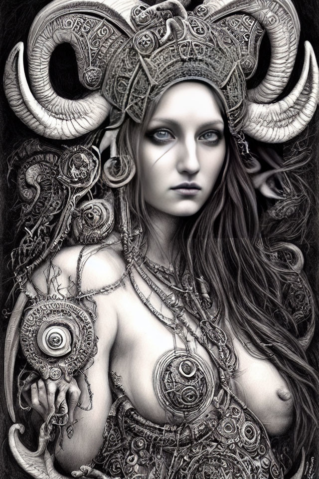 Monochrome fantasy art of woman with ram horns and intricate jewelry