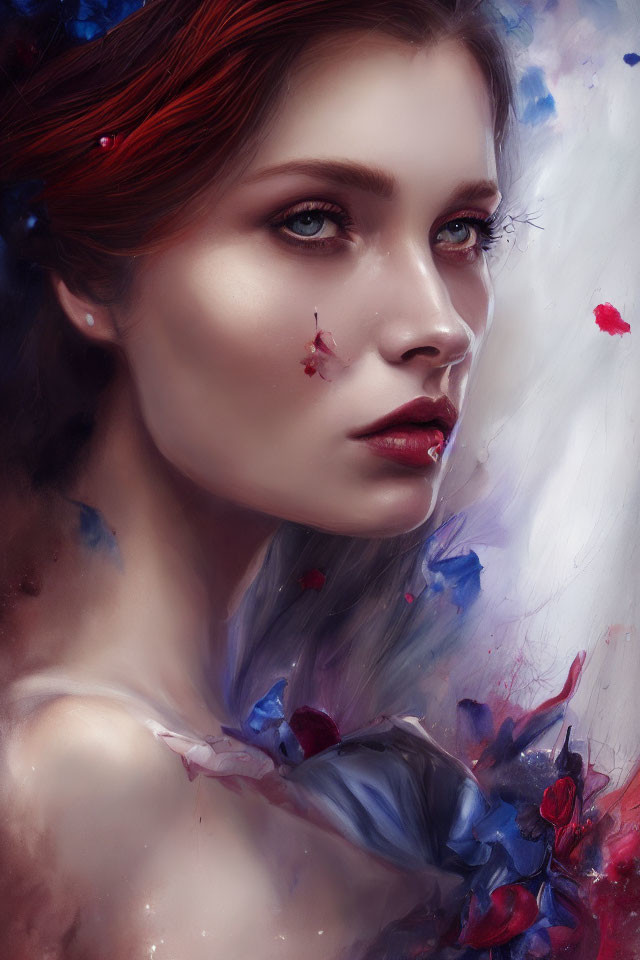 Digital painting of woman with blue eyes, red lips, surrounded by blue and red flowers