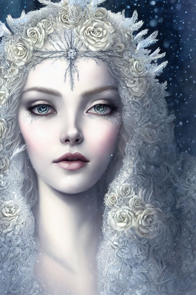 Illustration of pale-skinned woman with white hair and roses in ethereal snowy setting