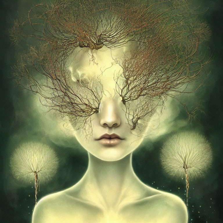 Surreal portrait with tree branches hair and dandelion seeds on green backdrop