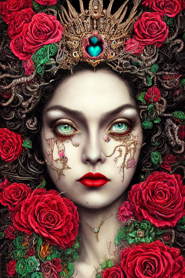 Digital art portrait of woman with ornate crown, red roses, green eyes, red lips, and