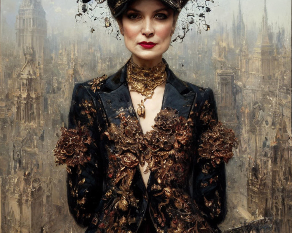 Victorian woman in ornate attire against Gothic cityscape