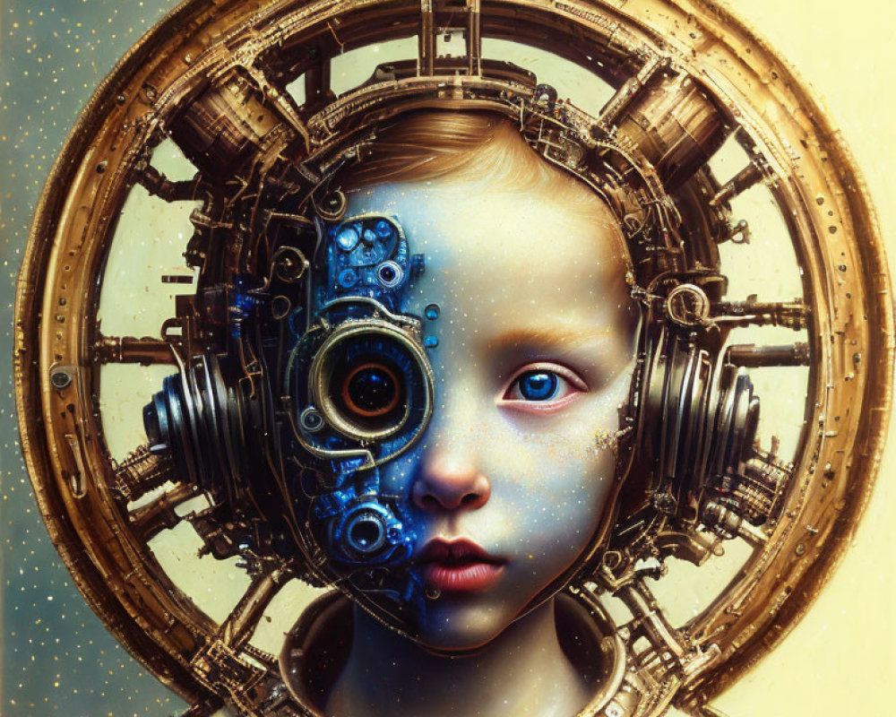 Child with Steampunk Cyborg Design and Gear Structure