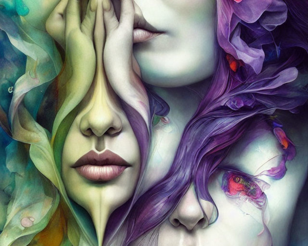 Colorful Artwork: Intertwined Faces with Vibrant, Wavy Hair