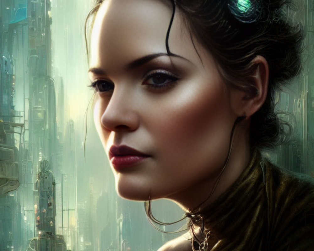 Futuristic cityscape digital painting of woman with ornate earpiece