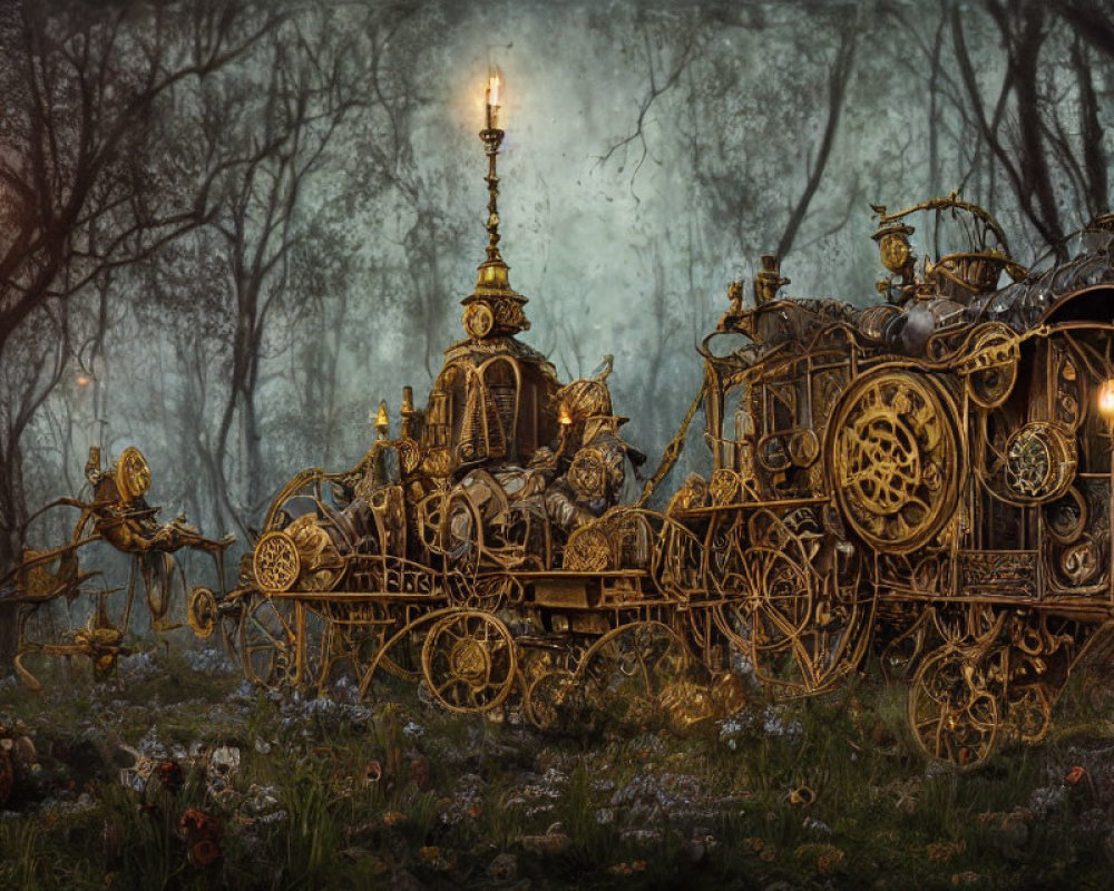Intricate steampunk carriage with mechanical owls in mystical forest