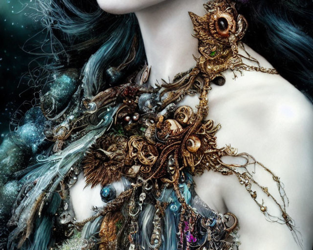 Fantasy-themed image: Person with blue hair and bronze jewelry in nature setting.