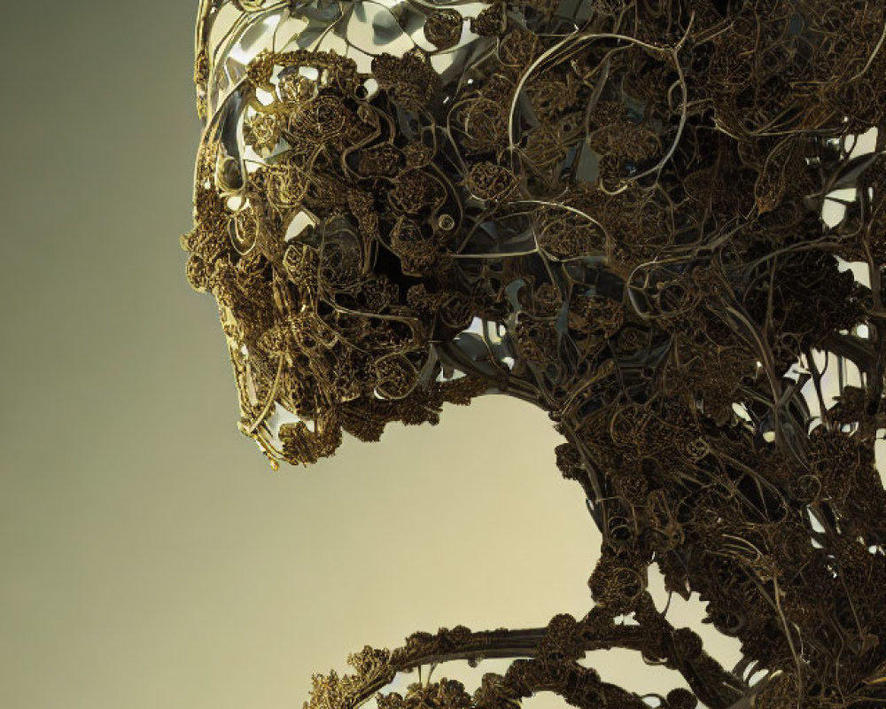 Intricate metallic filigree humanoid figure artwork
