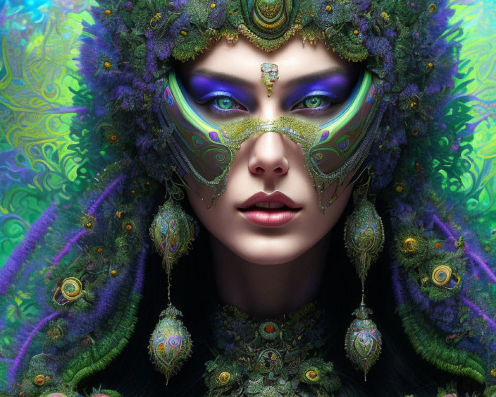 Fantasy portrait of woman with vibrant peacock-inspired makeup and headdress, rich greens, blues,