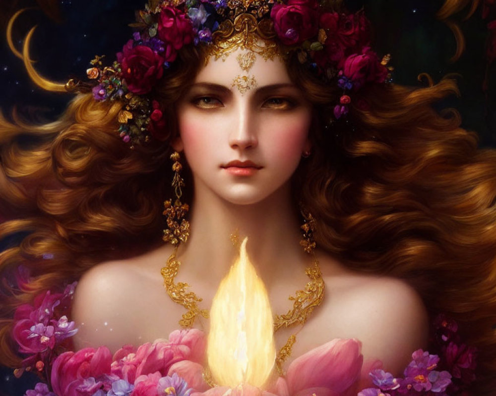 Auburn-haired woman with floral headpiece holding glowing flame among blooming flowers