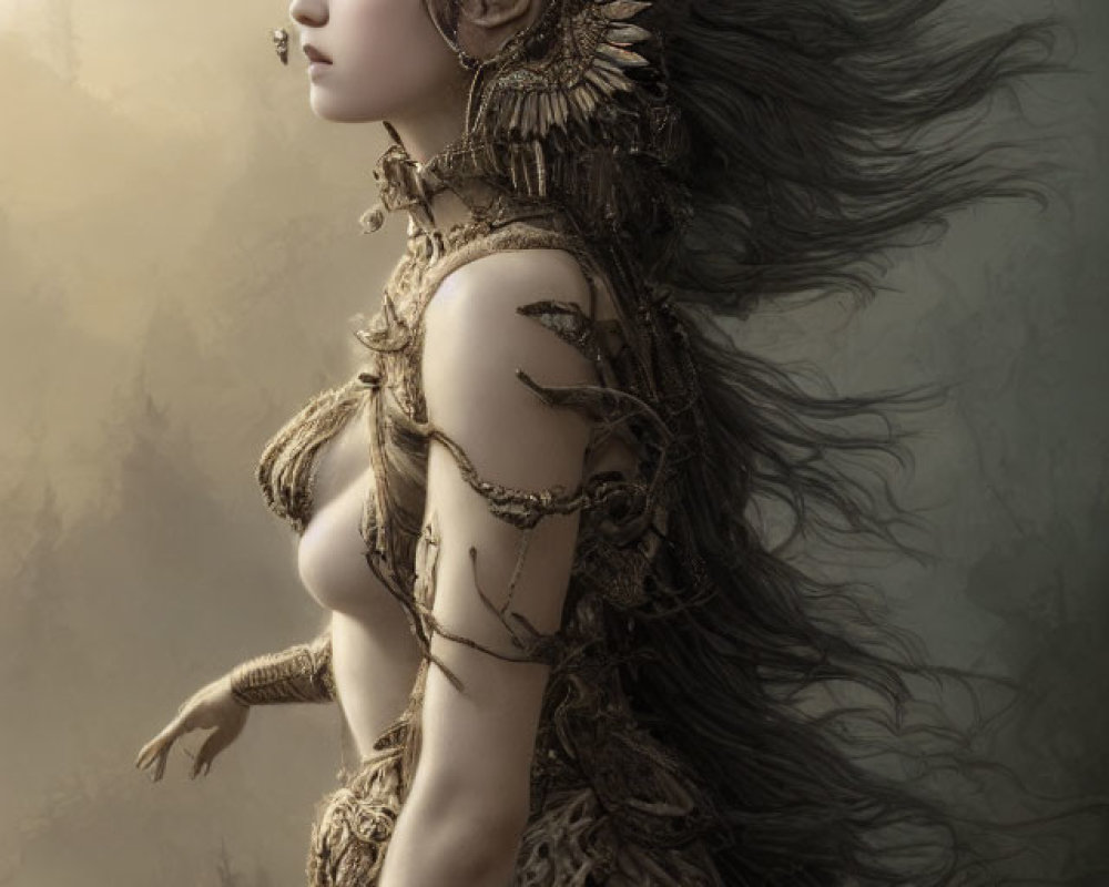 Fantasy Artwork: Woman with Metallic Headgear in Ethereal Forest