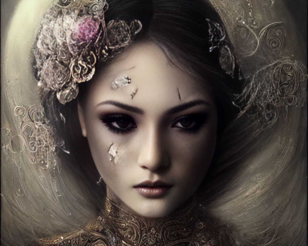 Ethereal woman portrait with ornate headgear and mystical attire