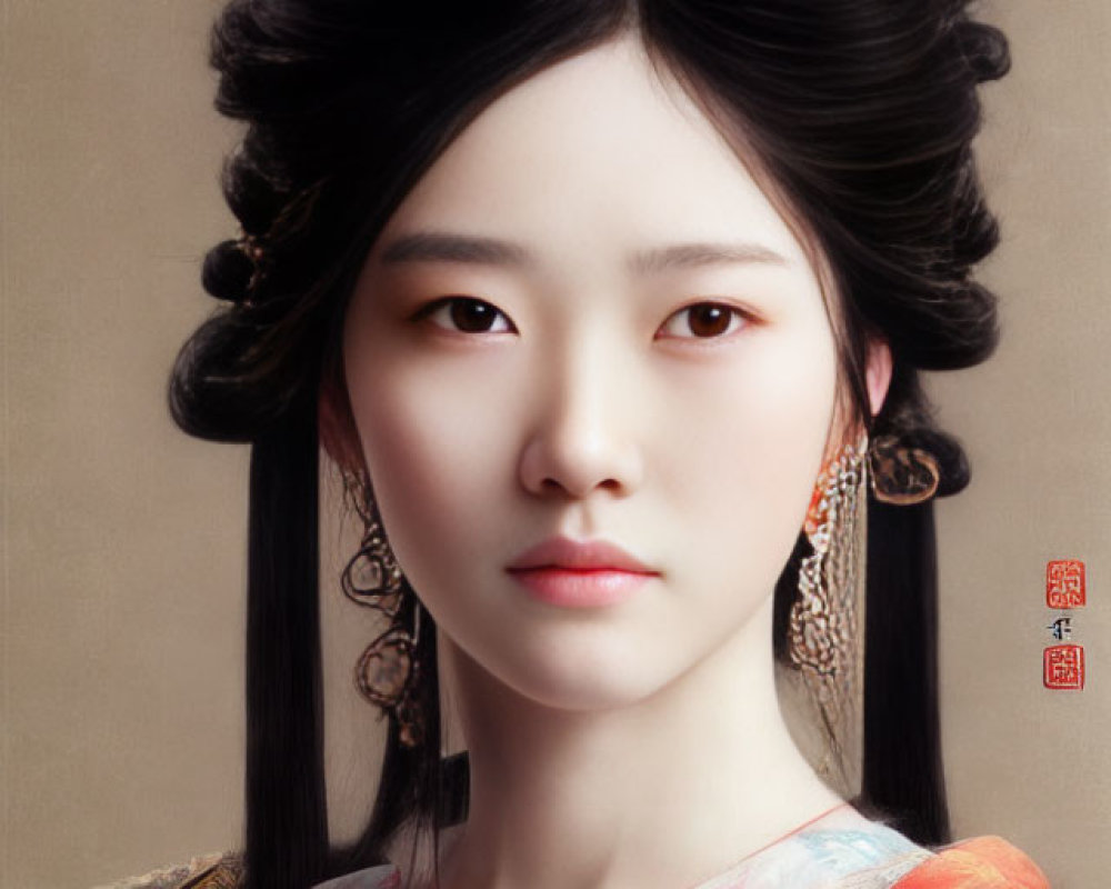 Traditional East Asian Woman Portrait with Delicate Earrings